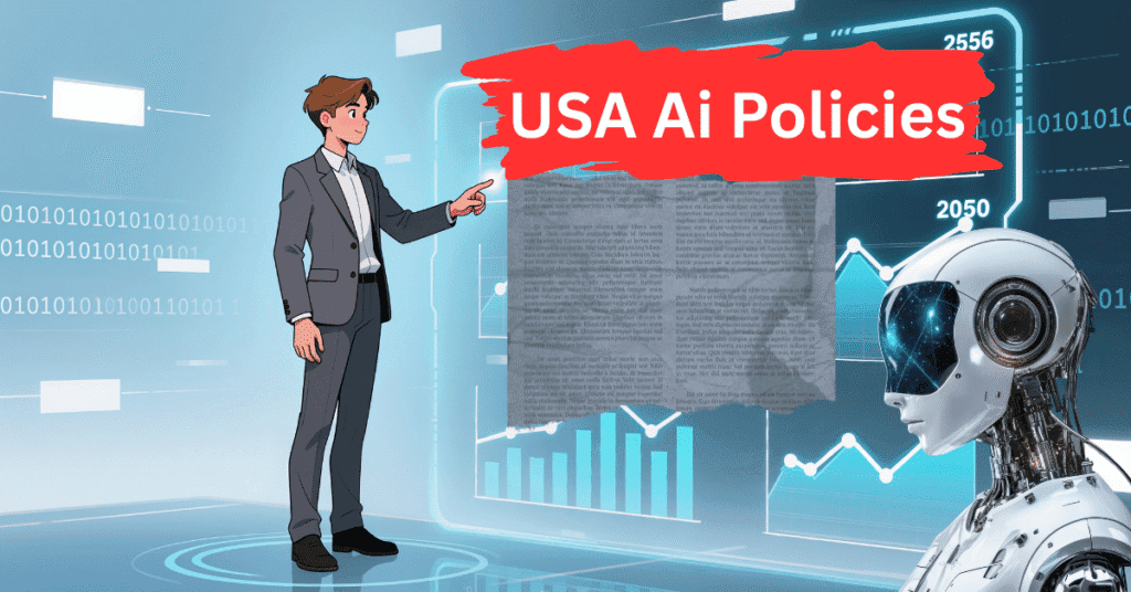 Illustration showing a business professional and an AI robot with digital data charts and the title USA AI Policies, symbolizing United States artificial intelligence governance and technology regulation