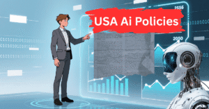 Illustration showing a business professional and an AI robot with digital data charts and the title USA AI Policies, symbolizing United States artificial intelligence governance and technology regulation