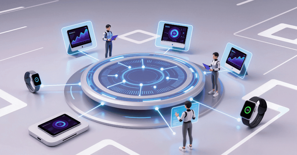 Futuristic illustration showing professionals collaborating through digital AI systems, symbolizing US and EU AI policy alignment and international technology governance