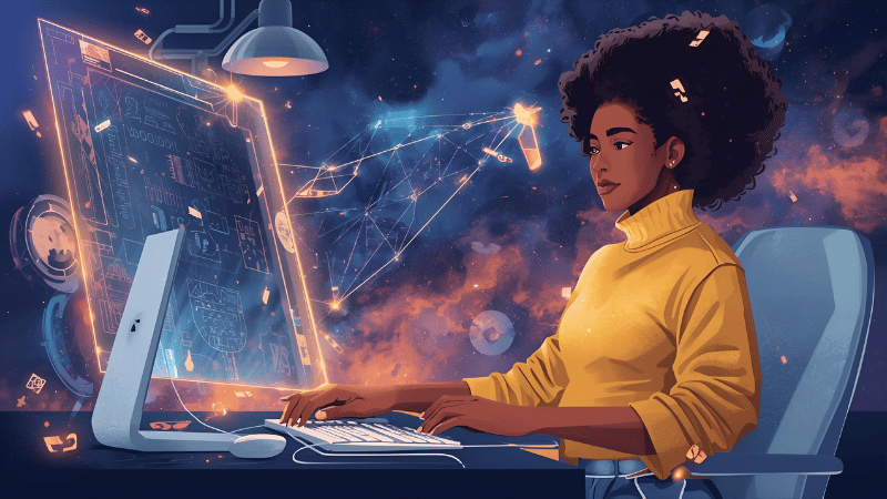 Designer using AI image generation tool on futuristic interface