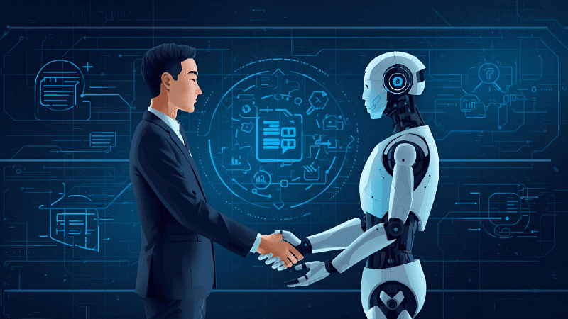 AI governance and transparency concept with human and robot handshake over data screen