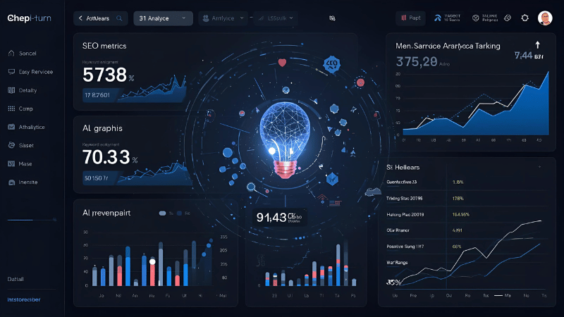 AI-powered SEO tool comparing keyword rankings and analytics charts