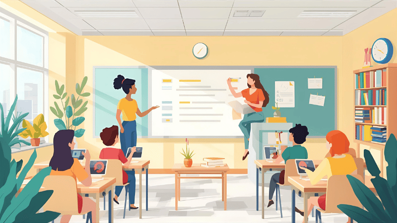 Teacher using AI classroom assistant and interactive learning dashboard