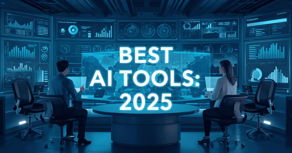Artificial intelligence tools 2025 concept illustration showing project management, SEO, and design apps