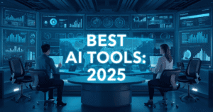 Artificial intelligence tools 2025 concept illustration showing project management, SEO, and design apps