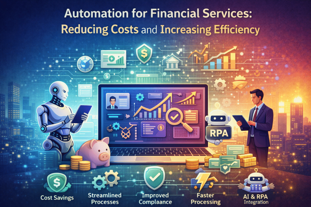 Colorful illustration showing automation in financial services, featuring a central dashboard with growth charts, AI and RPA elements, a humanoid robot and finance professional using tablets, and visual symbols representing cost savings, faster processing, compliance, and operational efficiency.