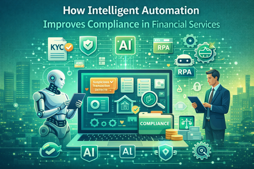 Green-themed illustration showing intelligent automation improving compliance in financial services, featuring a laptop dashboard with AML and KYC monitoring, AI and RPA icons, a humanoid robot reviewing documents, and a finance professional analyzing compliance data in a modern digital environment.
