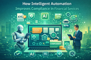 Green-themed illustration showing intelligent automation improving compliance in financial services, featuring a laptop dashboard with AML and KYC monitoring, AI and RPA icons, a humanoid robot reviewing documents, and a finance professional analyzing compliance data in a modern digital environment.