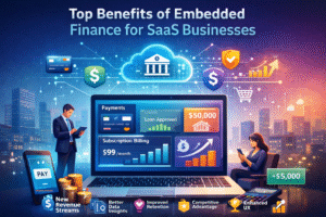 Illustration showing the top benefits of embedded finance for SaaS businesses, featuring a SaaS dashboard with integrated payments, loan approval, and subscription billing, surrounded by icons representing new revenue streams, improved retention, better data insights, competitive advantage, and enhanced user experience.
