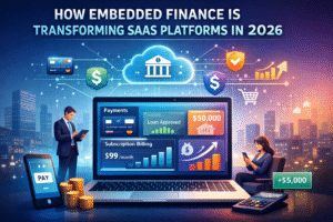Embedded finance concept illustration showing a SaaS platform dashboard with integrated payments, loan approval, and subscription billing features, surrounded by business professionals using digital devices and financial icons in a modern city background.