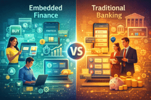 Split-screen infographic comparing embedded finance and traditional banking, with a teal-toned digital fintech environment on one side and a warm-toned classic bank setting on the other, showing users accessing financial services through apps versus a traditional bank interface.