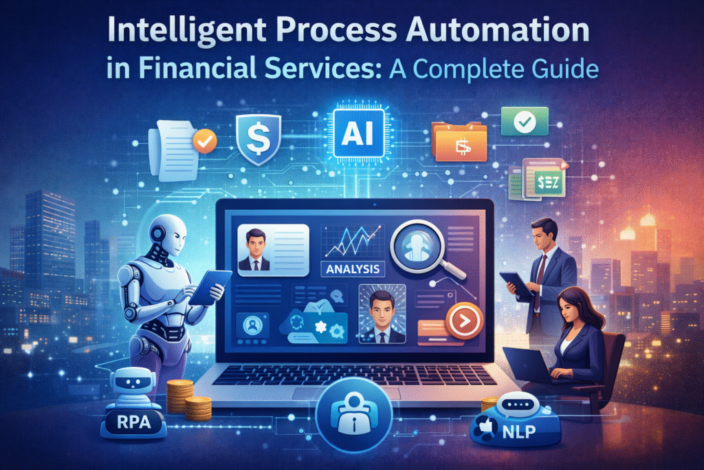 Illustration showing intelligent process automation in financial services, featuring a laptop dashboard with financial analysis, AI, RPA, and NLP icons, a humanoid robot reviewing documents, and business professionals using digital devices in a modern city setting.