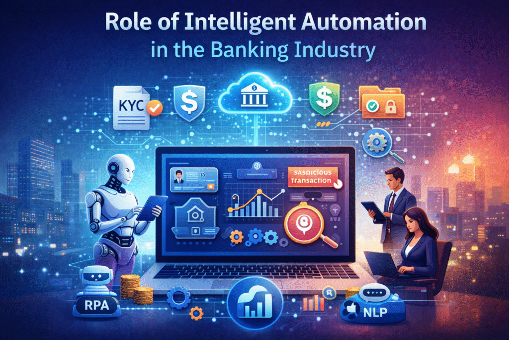 Illustration showing intelligent automation in the banking industry, featuring a laptop dashboard with transaction monitoring and fraud alerts, AI and RPA icons, KYC and AML symbols, a humanoid robot analyzing data, and banking professionals using digital devices in a modern city environment.