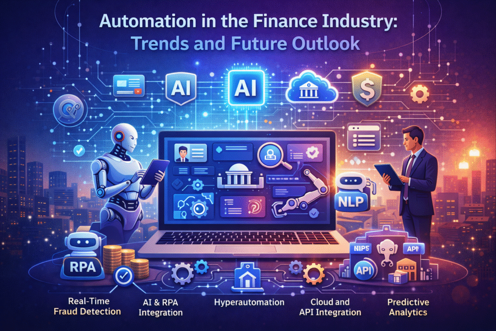 Stylized futuristic illustration showing automation in the finance industry, featuring AI and RPA icons, a digital banking dashboard, robotic and human professionals, and visual elements representing hyperautomation, cloud integration, real-time fraud detection, and predictive analytics.