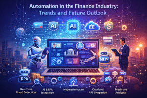Stylized futuristic illustration showing automation in the finance industry, featuring AI and RPA icons, a digital banking dashboard, robotic and human professionals, and visual elements representing hyperautomation, cloud integration, real-time fraud detection, and predictive analytics.